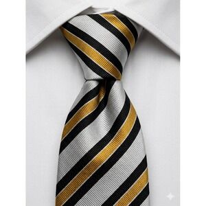Ben Silver Charleston London Silk Tie Silver Yellow Black Striped Handmade 01163